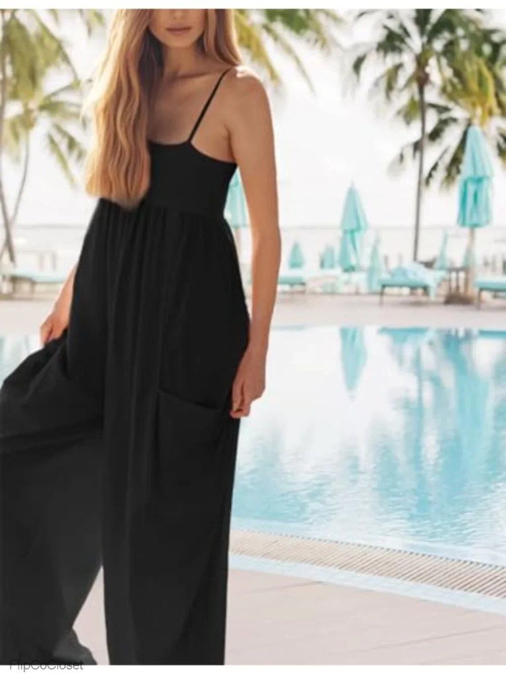Wide Leg Jumpsuit with Pockets, Sleeveless Square Neck Romper, Summer Vacation